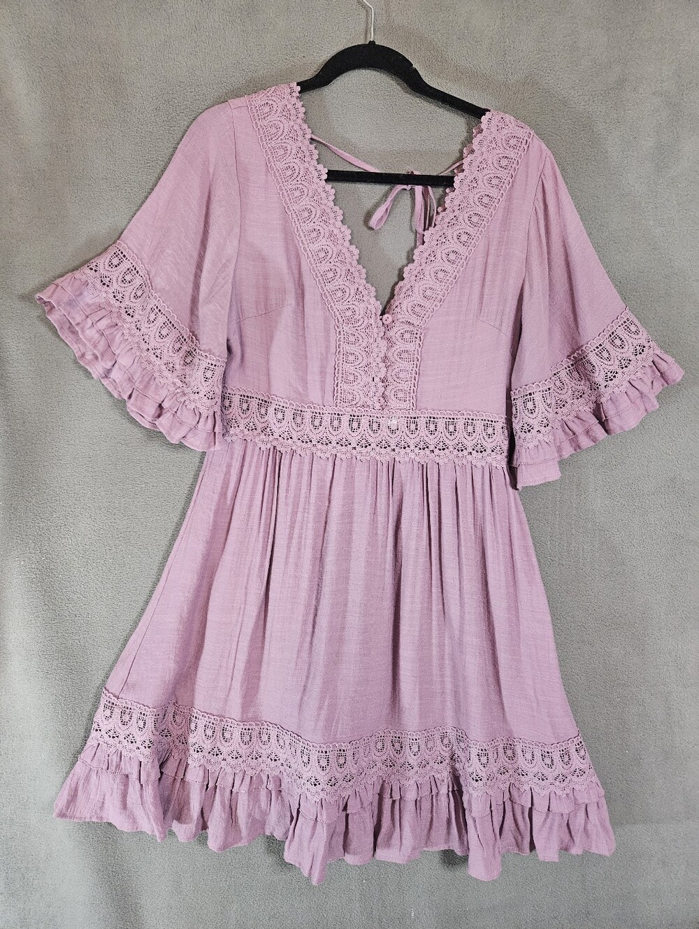 Bluivy Dusty Rose Crochet Lace Crinkle Mini Dress Boho Cottagecore Large Flare